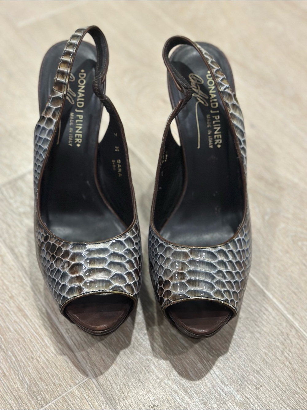 Donald J. Pliner Gray-Brown Snake-Print Peep-Toe Slingback Heels